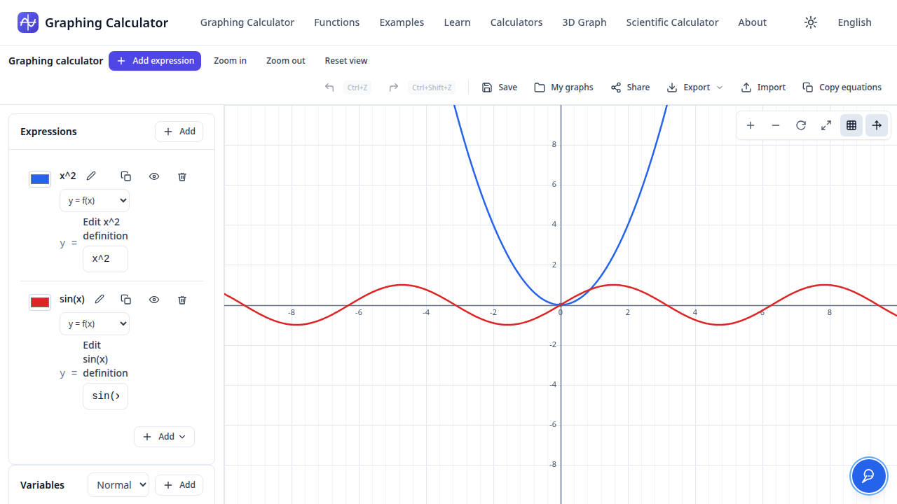 Graphing calculator comparing the parabola y = x squared with a sine wave